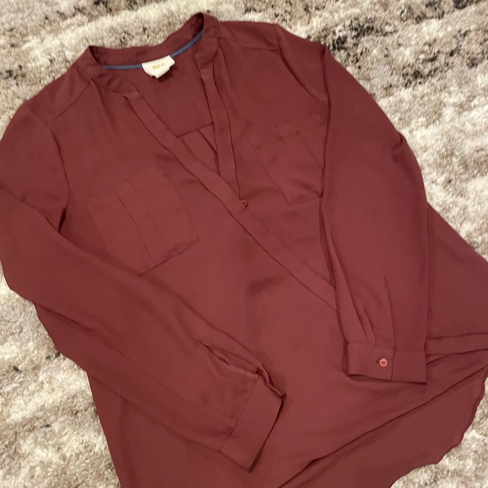 Maeve Anthropologie Eva Burgundy Faux Wrap Long Sleeve Blouse Women’s Size 6